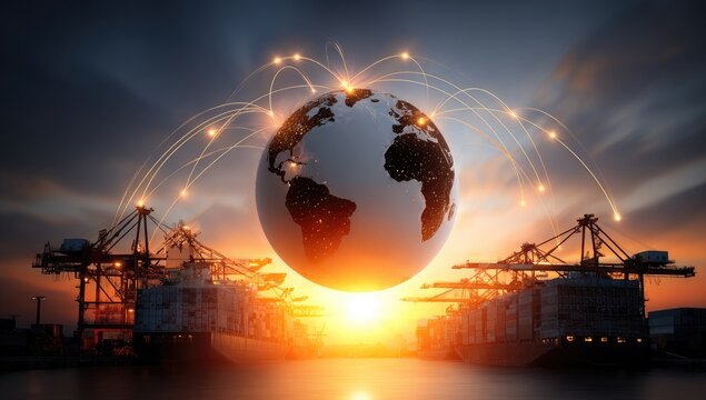 Global network, digital connections, shipping and global trade.  Sunrise over a port, with a globe centered, surrounded by a network of glowing lines, connected to cargo ships - Powered by Adobe