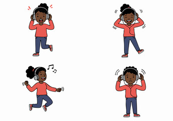 Cartoon illustration of a Black girl's reactions to sound with headphones: happy, surprised, dancing, and bothered.