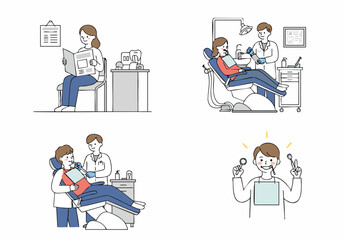 Dental visit process illustration set: waiting, examination, treatment, and happy results