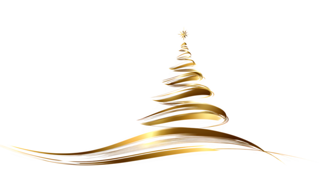 abstract golden one-line Christmas tree design isolated on white background, HD realistic