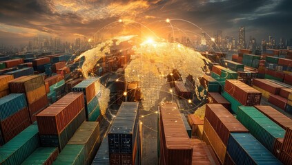 Global shipping network. Sunset cityscape backdrop. Container port