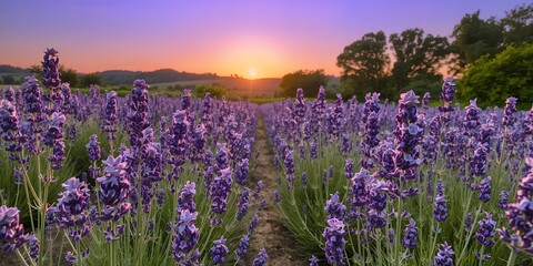Fototapeta premium Vibrant purple lavender field at sunset with rolling hills and trees in the background