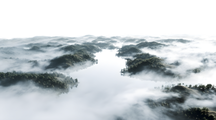 aerial flyover of misty fog-covered lake landscape isolated on white background, HD realistic