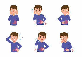 Cartoon boy experiencing stomach ache and various body pains, depicting health issues and discomfort with a visible stomach organ.