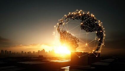 Global network sphere at sunrise over cityscape