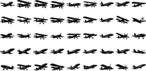 Fototapeta premium Diverse collection of black airplane silhouettes on white