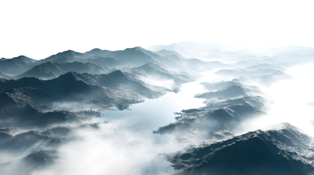 aerial flyover of misty fog-covered lake landscape isolated on white background, HD realistic