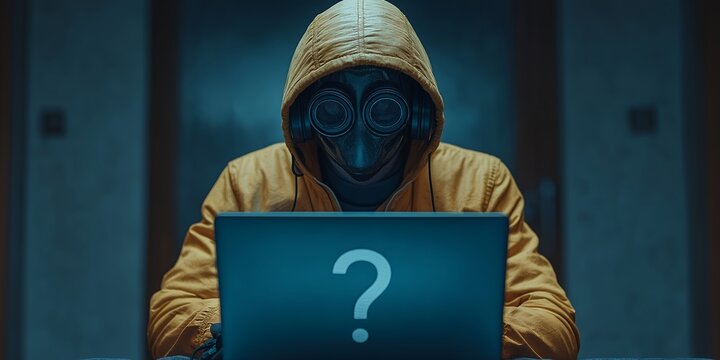 Cyber security hacker working on laptop question mark face pose technology digital concept anonymous coding advertisement mock up ai generated art