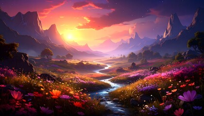 A serene alien valley filled with glowing flora and rivers of light, bathed in twin suns casting pastel warmth—an ethereal futuristic paradise, dreamy and cinematic, captured as a sci-fi wallpaper.