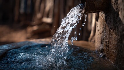 Water flowing from a rustic pipe into a basin
