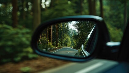 A car's side mirror reflecting a forest road