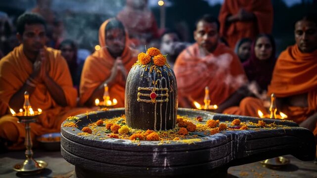 Devotees in orange robes gather for sacred puja ceremony honoring the divine Shiva Lingam with prayer and offerings, creating a spiritual atmosphere.