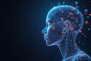 Profile view of a digital human head with glowing network connections.