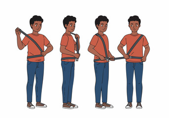 Step-by-step guide: Young man demonstrating correct seatbelt usage for road safety and protection.
