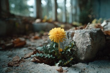 Dandelion Pushing Through Concrete in Abandoned Building