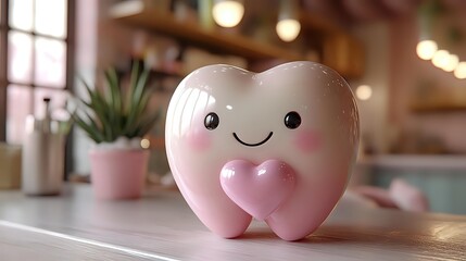 Obraz premium Cute smiling tooth character with rosy cheeks holding small pink heart, dental care concept on blurred warm interior background with houseplants and bokeh lights.