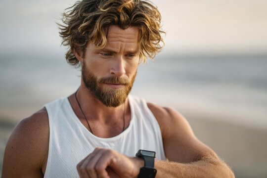 A Man Checks His Smartwatch at the Beach_Fitness and Technology in Harmony