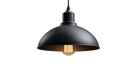 Industrial black pendant light with glowing Edison bulb against a dark background Concept of vintage lighting, interior design, and modern home decor