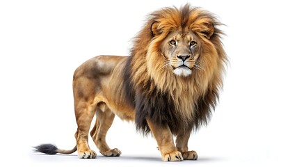 Obraz premium A majestic male lion with a full mane stands proudly, isolated on a white background, exuding power and regality