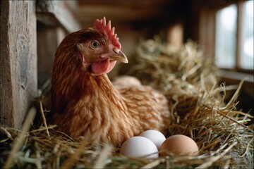 Hen Resting on Nest with Freshly Laid Eggs in Rustic Coop