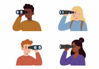 Diverse group of people looking through binoculars and telescope, symbolizing vision, exploration, future, and discovery. © Nafa Project