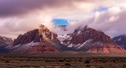 Breathtaking view of snowcapped red rock mountains under cloudy sky