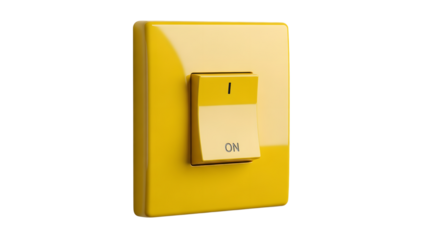 Bright yellow light switch on a white wall used for turning on and off light fixtures in a modern setting