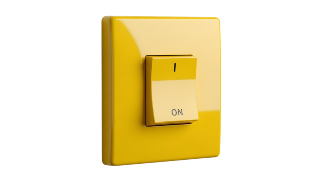 Bright yellow light switch on a white wall used for turning on and off light fixtures in a modern setting