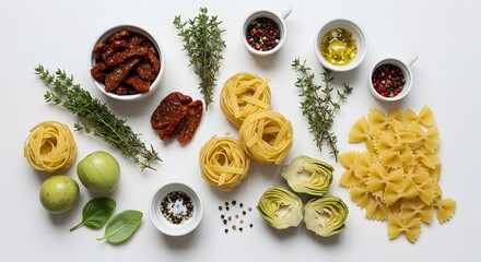 Overhead shot of pasta ingredients including tagliatelle artichoke and sundried tomatoes
