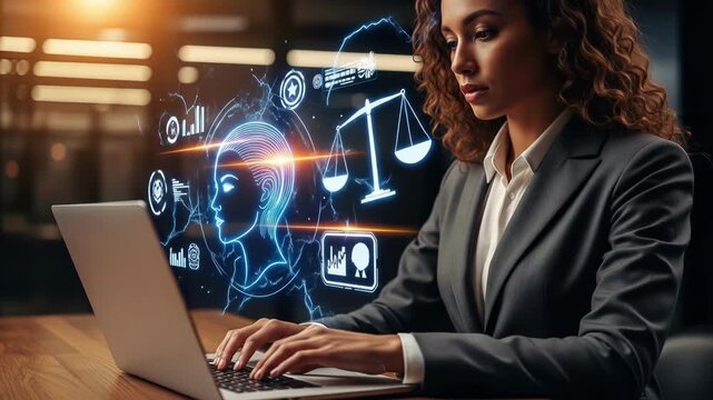 A woman in a suit types on a laptop Holographic law symbols appear on a screen Professional legal work meets modern technology in this image