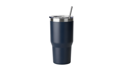 Navy Blue Tumbler with Straw: A sleek, navy blue tumbler with a stainless steel lid and a matching metal straw sits ready for your favorite beverage. A minimalist design perfect for everyday use.
15:S