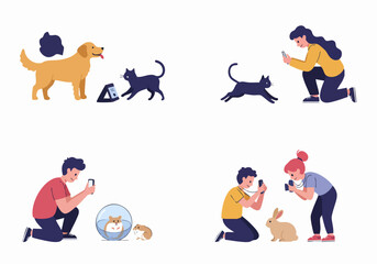 Illustration of pet owners photographing their dogs, cats, hamsters, and rabbits with smartphones and cameras, highlighting animal companionship.