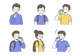 Diverse cartoon illustrations of young men and woman drinking beverages, symbolizing hydration, breaks, and daily life.