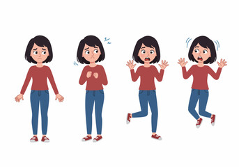 Obraz premium Illustration set showing a young woman's progression through emotions of worry, anxiety, and fear leading to panic.