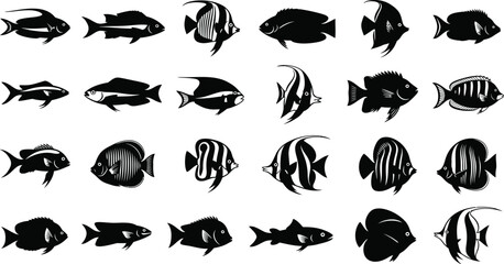 Diverse tropical fish silhouettes for oceanic themes