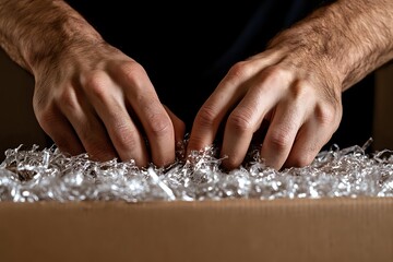 Male hands unpacking cardboard box filled with protective white shredded paper packaging material against dark background, closeup view of unboxing process.