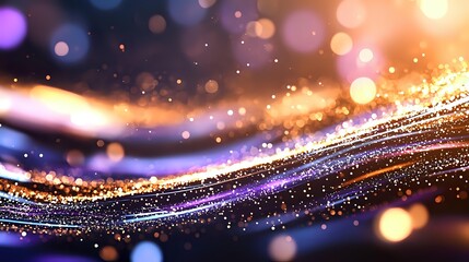 Glowing golden and purple light waves with sparkles and bokeh effects on dark background create magical atmosphere for festive designs.