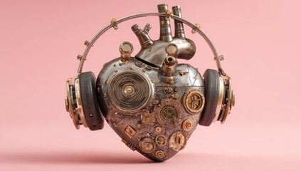 Vintage steampunk heart with integrated speakers against a gentle pink background for a soft touch.