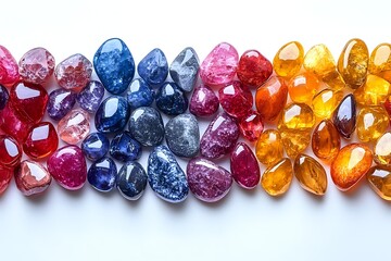 Colorful polished gemstones arranged in rainbow order on white background, featuring red, blue, purple, and amber stones with natural variations and light reflections.
