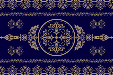 Victorian vintage seamless floral ornament background with gold damask border frame design