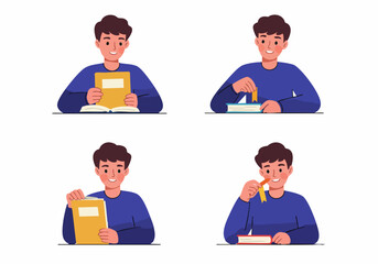 Fototapeta premium Happy young man demonstrating reading and bookmarking actions with books, flat cartoon vector illustrations on white background.