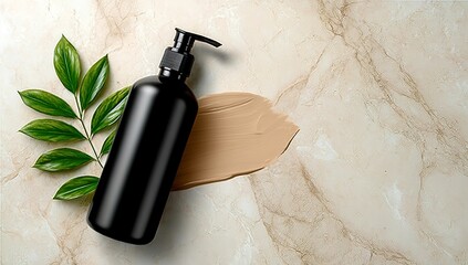 Elegant black bottle mockup with leaves and paper cutout on marble surface