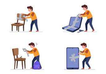 A man attempts to fix broken household items and electronics like a chair, laptop, and smartphone using duct tape, illustrating temporary and often ineffective repair solutions.