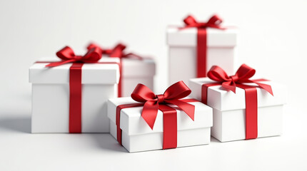 Fototapeta premium Multiple white gift boxes with red satin ribbons on clean white background, for christmas, wedding, Valentine’s Day, birthdays themes, or celebration concepts