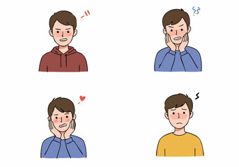 Collection of Young Man's Embarrassed and Shy Expressions Illustrating Blushing, Discomfort, and Awkwardness