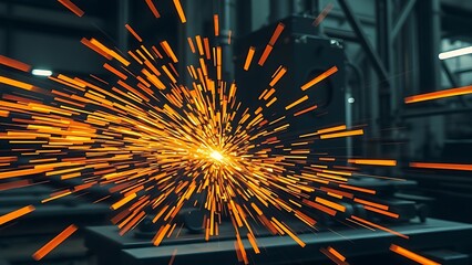 Dynamic metalworking scene with glowing sparks and motion blur, showcasing industrial energy under dramatic lighting.