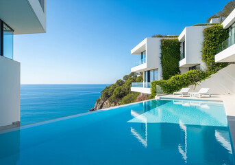 Fototapeta premium Luxury villa with an infinity pool overlooking the sea on a sunny day