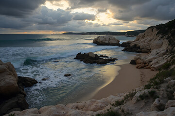 Seascape View with Waves Crashing on Rocky Shoreline Under Cloudy Sky