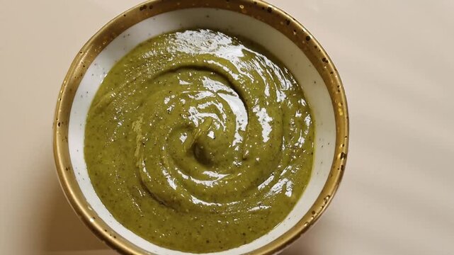 Pistachio paste for Dubai chocolate, minimalistic setting with pastel beige background with palm tree leaves shadows. rich flavor of pistachio paste for dessert, chocolate delight, sweets, pastry