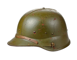  Angled Side Perspective of Battle-Worn Helmet with Faded Paint, White Background – AI Generated